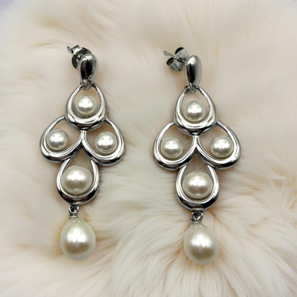 925 Sterling Silver Faux Pearl Teardrop Dangle Post Earrings EUC